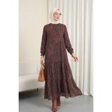 Moda Morfo Etnik Desen Eteği Parçalı Astarlı Şifon Elbise -Mürdüm - 48