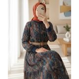 Moda Morfo Etnik Desen Eteği Parçalı Astarlı Şifon Elbise -Zümrüt - 52