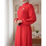 Moda Morfo Kemerli Pliseli Saten Elbise -Kırmızı - Kırmızı Bebek Arabası - Kırmızı Tulum - 40