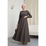 Moda Morfo Kloş Etekli Fermuarlı Kemerli Kot Elbise -Açık Kahve - 38