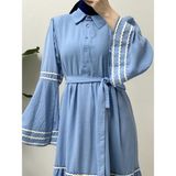 Moda Morfo Kolları ve eteği süzene işlemeli Parçalı Elbise -Bebe Mavi - 40