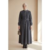 Moda Morfo Kolu Lastikli Beli Bağcıklı Yarım Düğmeli Kot Elbise -Füme - 44