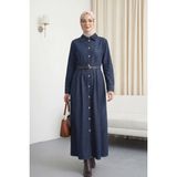 Moda Morfo Önden Düğmeli Pile Detaylı Tünel Kemerli Kot Elbise -K.laci - L - XL - Koyu Lacivert
