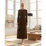 Moda Morfo Önü Allerli Eteği Asimetrik Krep Elbise -Kahve - 38 - Kahverengi