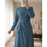 Moda Morfo Önü Allerli Eteği Asimetrik Krep Elbise -Mavi - 40