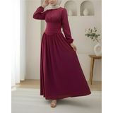 Moda Morfo Önü Büzgülü Kolu Lastikli Fermuarlı Poplin Elbise -Bordo - 42