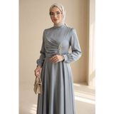Moda Morfo Önü Drapeli Taş Detaylı Saten Elbise -Gümüş - 36
