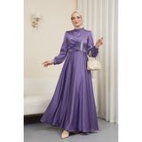 Moda Morfo Önü Drapeli Taş Detaylı Saten Elbise -Lila - 38