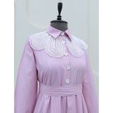 Moda Morfo Organze Gömlek Yaka Çizgili Kuşaklı Elbise -Pembe - L - XL