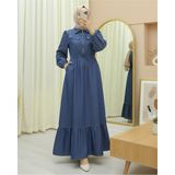 Moda Morfo Tünel Bağcıklı Yarım Fermuarlı Cepli Kot Elbise -İndigo - Indigo - 48