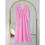 Moda Morfo Yakası Bağlamalı Kolu Ve Beli Lastikli Müslin Elbise -Pembe - L - XL