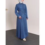 Moda Morfo Yakası ve Göğsü Taşlı Eskitme Kot Elbise -Koyu Mavi - 46