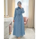 Moda Morfo Yarım Düğmeli Beli Lastikli Cepli Nakışlı Kot Elbise -Buz Mavi - 44