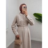 Moda Morfo Yarım Düğmeli Beli Lastikli Keten Elbise -Bej - 38