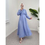 Moda Morfo Yarım Düğmeli Beli Lastikli Keten Elbise -Mavi - 38
