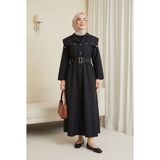 Moda Morfo Yarım Düğmeli Yakalı Yan Cepli Kemerli Pamuk Saten Elbise -Siyah - 36