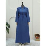 Moda Morfo Yarım Fermuarlı Tünel Bağcıklı Kot Elbise -İndigo - Indigo - 46