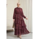 Moda Morfo Yoryo Desenli Eteği Katlı Beli Bağcıklı Astarlı Şifon Elbise -Bordo - L - XL