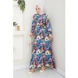 Moda MSK Renkli Çiçek Desenli Kuşaklı Elbise Mavi