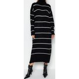 Moda Oversize Casual Günlük Çift Plaka Triko Balıkçı Yaka Uzun Kol Shift Maxi Boy Elbise
