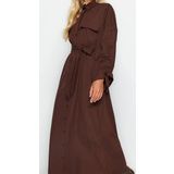 Moda Oversize Maxi Tesettür Kuşaklı Kolları Ayarlanabilir Detaylı Pamuklu Dokuma Gömlek Elbise