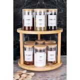 Moda Ozy 12'li Bambu Kapaklı Döner Standlı Borosilikat Cam Baharatlık(Etiket Kaşık DAHIL)250ML - Şeffaf - 250 ml