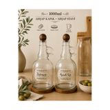 MODA OZY 2'li 1000ml Ahşap Stantlı Ahşap Kapaklı Cam Yağlık Seti Ayçiçek/Zeytin Yağı Etiketli