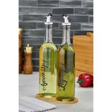 MODA OZY 2li 750 ml Ahşap Standlı Transfer Etiketli Ayçiçek Yağı ve Zeytinyağı Şişesi Tıpalı Cam Yağdanlık