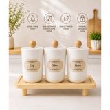 MODA OZY 3'lü Ahşap Stantlı Akrilik (Plastik) Saklama Kabı 900 ml Çay/şeker/kahve Kavanozu - Açık Kahverengi - 4 Adet