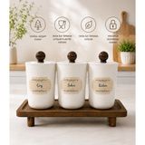 MODA OZY 3'lü Ahşap Stantlı Akrilik (Plastik) Saklama Kabı 900 ml Çay/şeker/kahve Kavanozu - Kahverengi - 4 Adet
