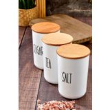 MODA OZY 3'lü Ahşap Vakum Kapaklı Transfer Etiketli Akrilik (PLASTİK) Tea/sugar/salt Kavanoz 900ml
