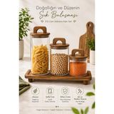MODA OZY 3'lü Akasya Kapaklı Ahşap Stantlı Cam Kavanoz Seti 1300/950/550 ml Çay Şeker Kahve Bakliyat Saklama Kabı - Kahverengi - 4 Adet