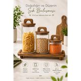 MODA OZY 3'lü Akasya Kapaklı Ahşap Stantlı Cam Kavanoz Seti 1300/950/550 ml Çay Şeker Kahve Bakliyat Saklama Kabı