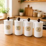 MODA OZY 4'lü 900ML Akrilik (Plastik) Vakumlu Ahşap Kulplu Çay Şeker Kahve Tuz Kavanozu Beyaz Saklama Kabı - 4 Adet - 900 ml