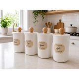 MODA OZY 4'lü 900ML Akrilik (Plastik) Vakumlu Ahşap Kulplu Çay Şeker Kahve Tuz Kavanozu Beyaz Saklama Kabı - Açık Kahverengi - 4 Adet - 900 ml