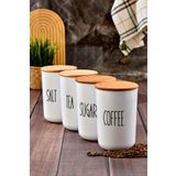 MODA OZY 4'lü Ahşap Vakum Kapaklı Transfer Etiketli Akrilik (PLASTİK)tea/sugar/coffe/salt Kavanoz 900ml