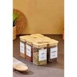 MODA OZY 6'lı 250ml KARE Bambu Vakum Kapaklı Kaşıklı Borosilikat Baharat Takımı (Etiket Hediyeli)