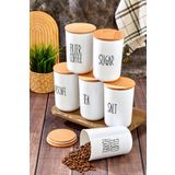 MODA OZY 6'lı Ahşap Kapaklı Transfer Etiketli Coffe/tea/sugar PLASTİKKavanoz 900ml Saklama Kabı.