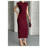 Moda Palmiss Kadın Bordo Taş Detaylı Omuz Vatkalı Midi Elbise