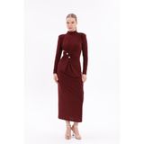 Moda Palmiss Kadın Bordo Taşlı Uzun Kollu Sandy Abiye Elbise