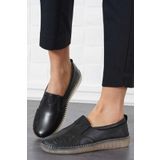 Moda Pie Garetes Yan Çiçekli Hakiki Deri Kadın Ayakkabı Siyah Cilt