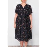 Moda Rahat Casual Günlük Şifon Dokuma Kruvaze Kısa Kol A-Line Maxi Boy Büyük Beden Elbise