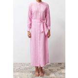 Moda Regular Casual Günlük Müslin Dokuma Bisiklet Yaka Uzun Kol Shift Maxi Boy Tesettür Elbise