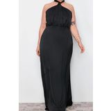 Moda Relaxed Boyundan Bağlamalı Maxi Boy Büyük Beden Halter Yaka Saten Uzun Boy Büyük Beden Elbise