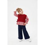 Moda Rüyası Kız Çocuk Kırmızı Örgü Süveterli Ekose Bluz ve Fiyonklu Ispanyol Paça Pantolon Takım - 5 - 6 Yaş - 12R-Bordo