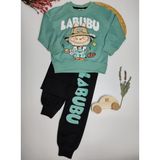 Moda Rüyası Labubu Baskılı Erkek Çocuk Eşofman Takımı Mint Yeşili Sweatshirt Siyah Jogger Alt 2'li Takım - 7 - 8 Yaş - Yeşil - Siyah