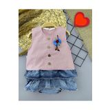 Moda Şahsenem 6-9-12-18 Ay Gül Rozet Detaylı Kot Kilotlu Etek Kız Bebek Elbisesi Gül Kurusu