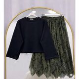 Moda Sindoma Basic Bluz Asimetrik Kesim Astarlı Şifon Etekli Takım Siyah-Haki