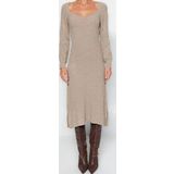 Moda Slim Casual Günlük Tek Plaka Triko Kalp Yaka Uzun Kol Basic Midi Boy Elbise
