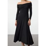 Moda Stil Fitted Asimetrik Yaka Midi Boy A-Kesim Örme Elbise